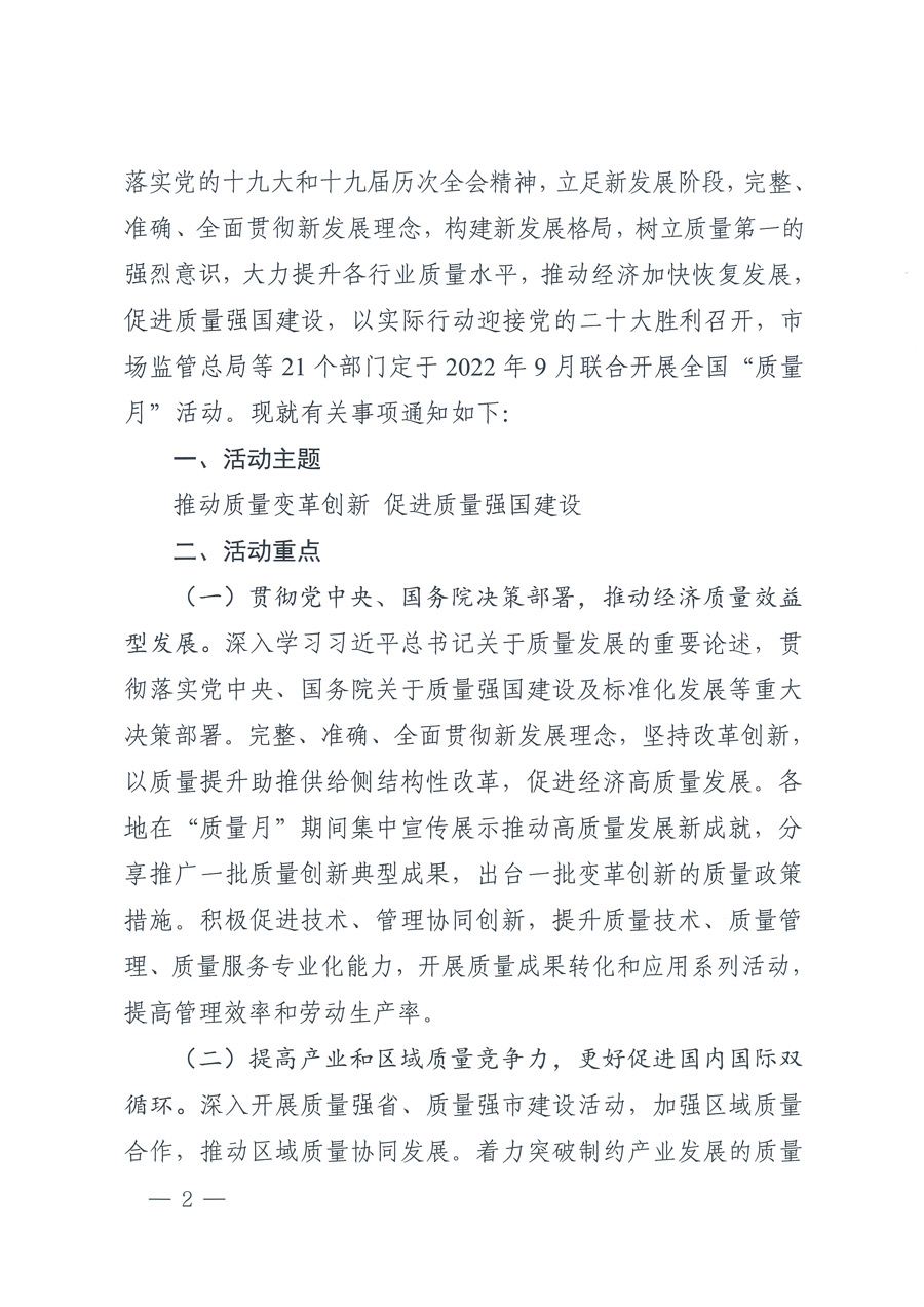 市場(chǎng)監(jiān)管總局等21個(gè)部委(部門(mén))發(fā)文部署開(kāi)展2022年全國(guó)“質(zhì)量月”活動(dòng)(國(guó)市監(jiān)質(zhì)發(fā)〔2022〕76號(hào))